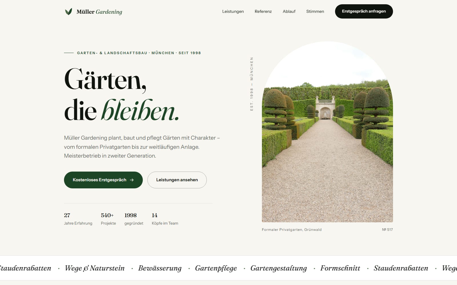 Startseite des Musterprojekts Müller Gardening
