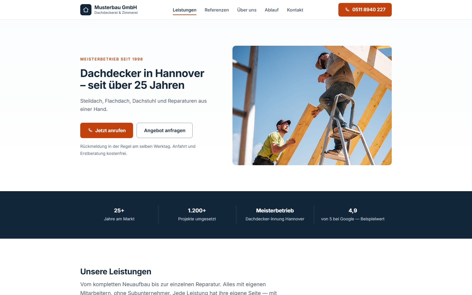 Startseite des Musterprojekts Musterbau GmbH